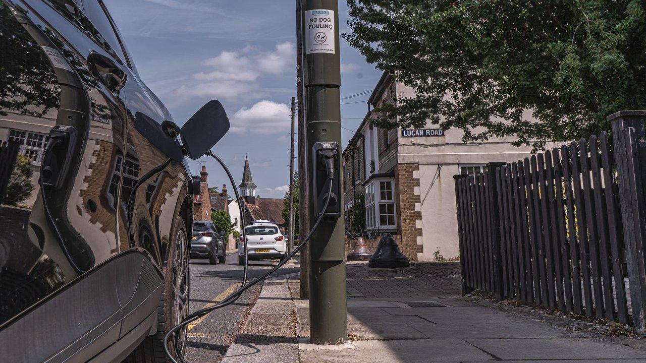 Electric car charging from a street-mounted charger on Lucan Road.