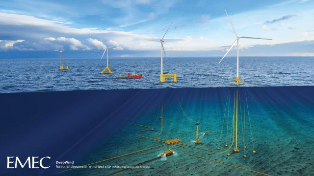 Illustration of offshore wind turbines and underwater mooring infrastructure at sea.