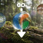 CO₂ reduction graphic over a mossy forest log with emissions reduction statistics in circular labels