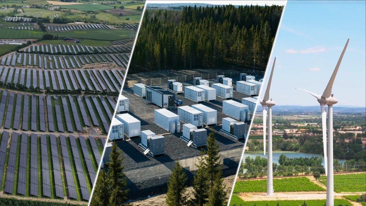 Solar panels, battery storage units and wind turbines across three landscapes.