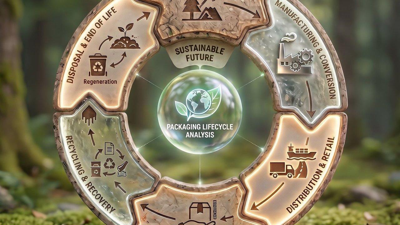 Circular packaging lifecycle diagram showing manufacturing, distribution, recycling, and disposal stages around a globe and leaf icon.