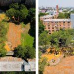 Aerial views of a tree-lined playground and dirt field beside brick apartment buildings.