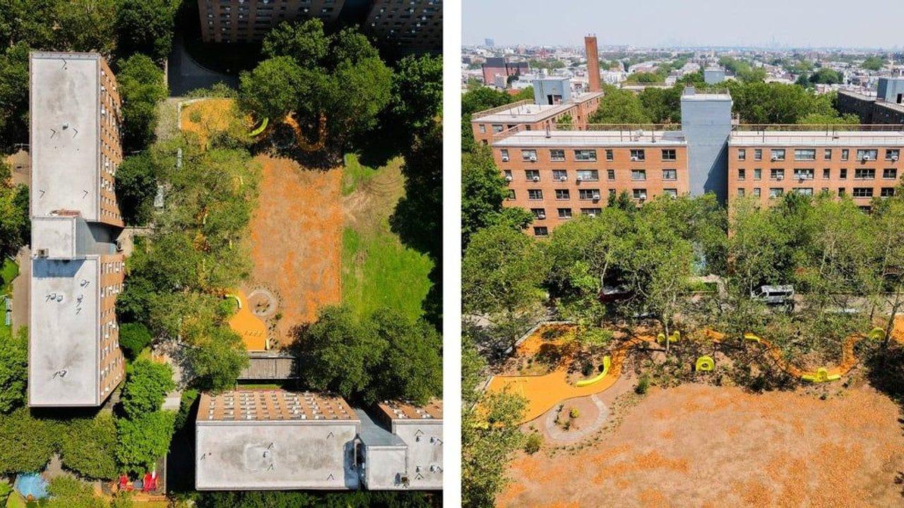 Aerial views of a tree-lined playground and dirt field beside brick apartment buildings.