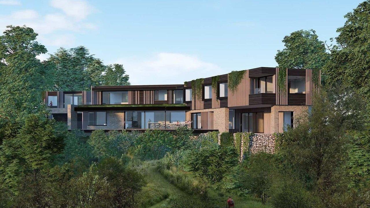 Modern two-story home with glass walls, wood cladding and greenery amid dense trees.