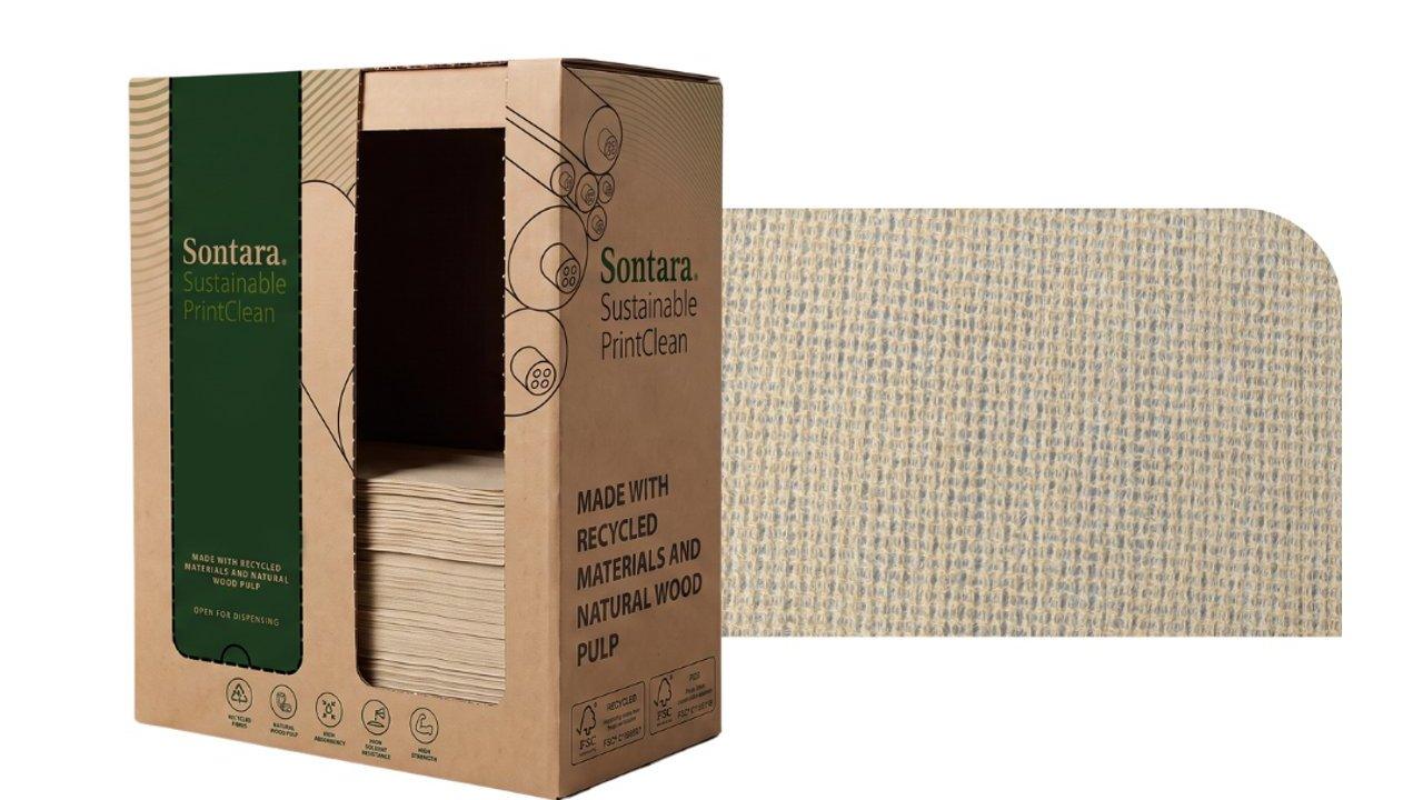 Sontara Sustainable PrintClean dispenser box beside a textured beige cleaning wipe.