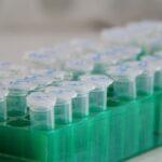 Rows of clear plastic sample tubes with handwritten labels in a green laboratory rack