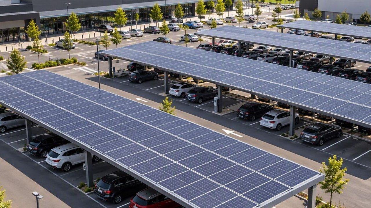 Solar-panel carports shading parked cars outside a shopping center.