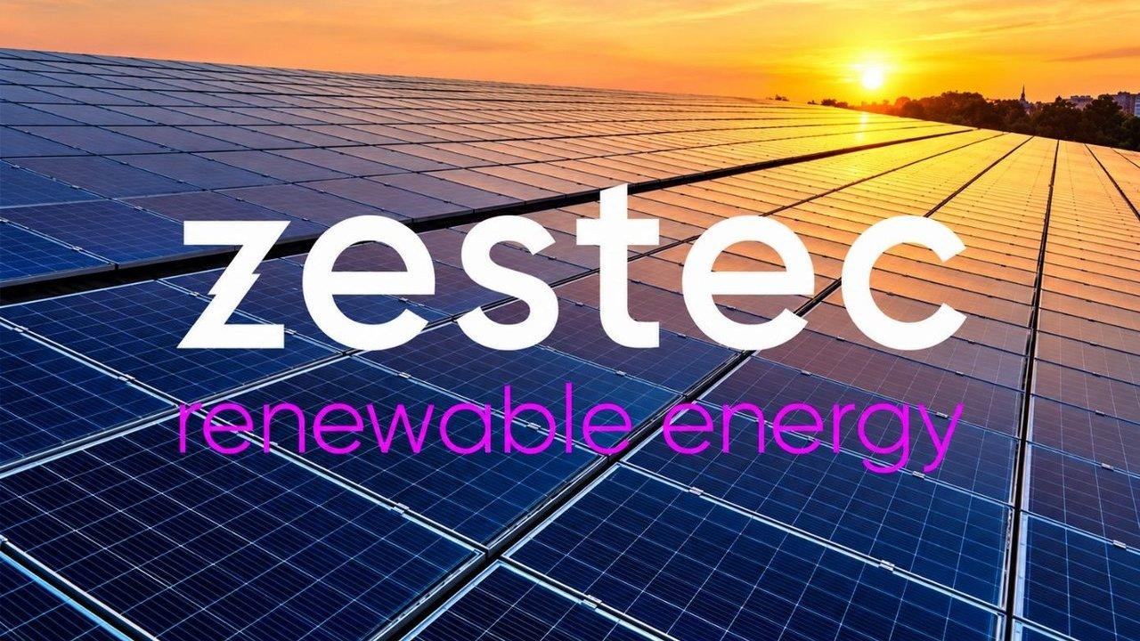 Solar panels at sunset with Zestec renewable energy text overlay