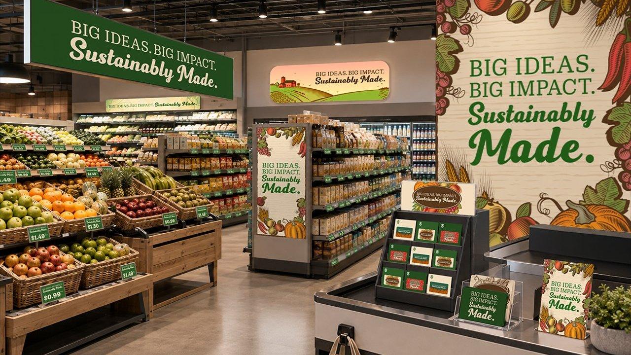 Grocery store produce section with sustainability signs, fruit displays and checkout counter.