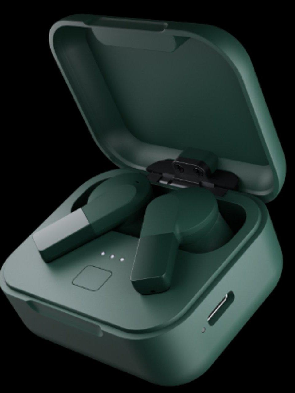 Dark green wireless earbuds in an open charging case against a black background.
