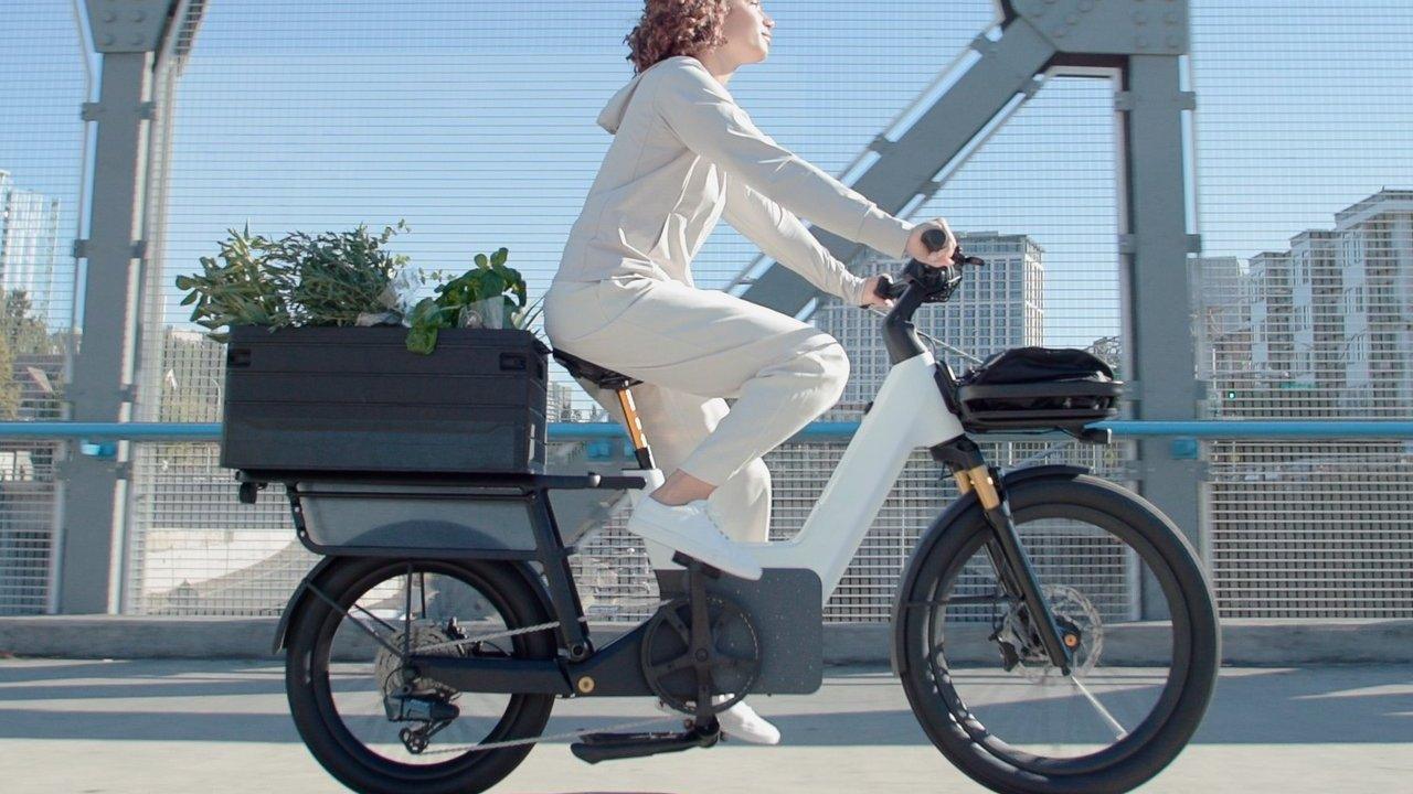 Woman riding a cargo e-bike with plants in a rear storage box on a city bridge