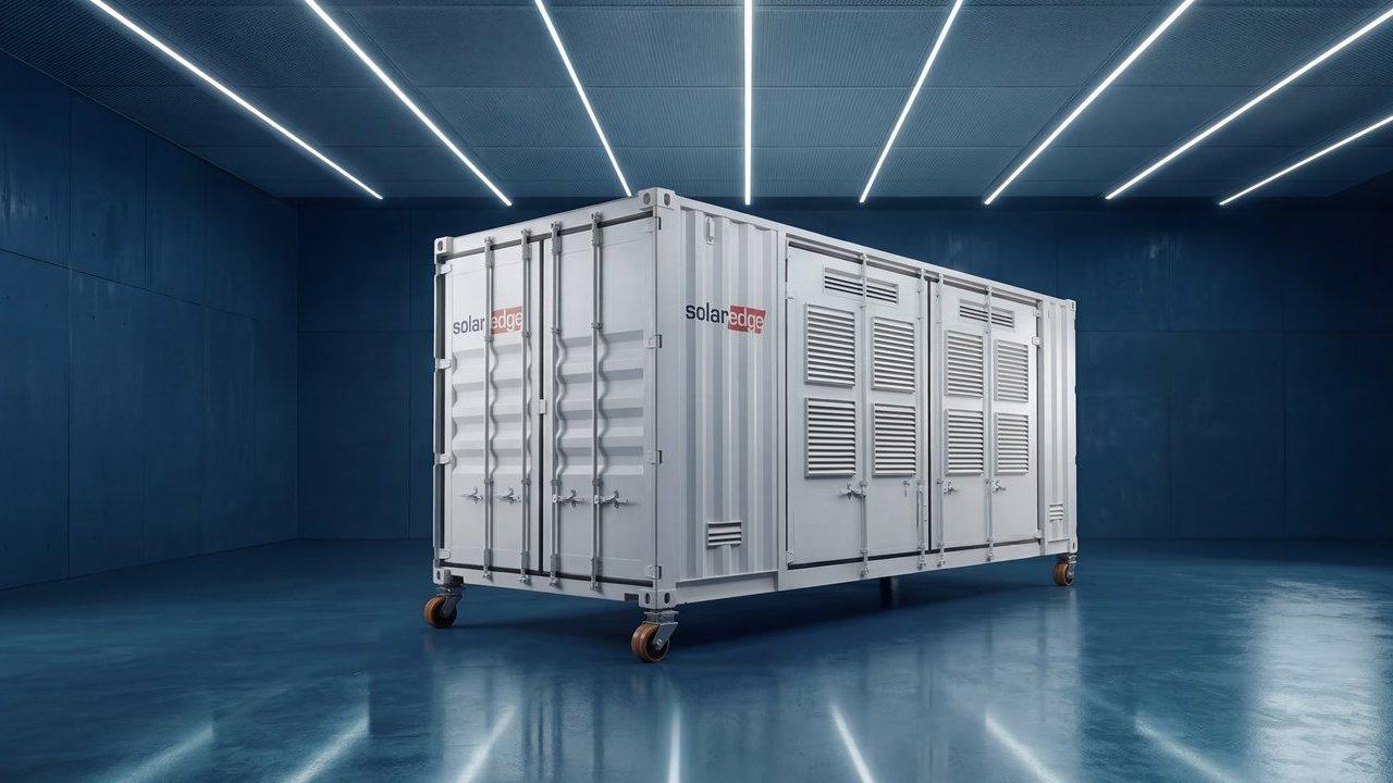White SolarEdge equipment container on wheels in a blue room with strip lighting